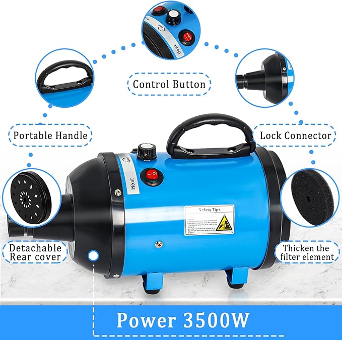 High Velocity 5.2HP 3500W Large Dog Hair Dryer with Heater for Grooming - Adjustable Temperature with 4 Nozzles (Blue)