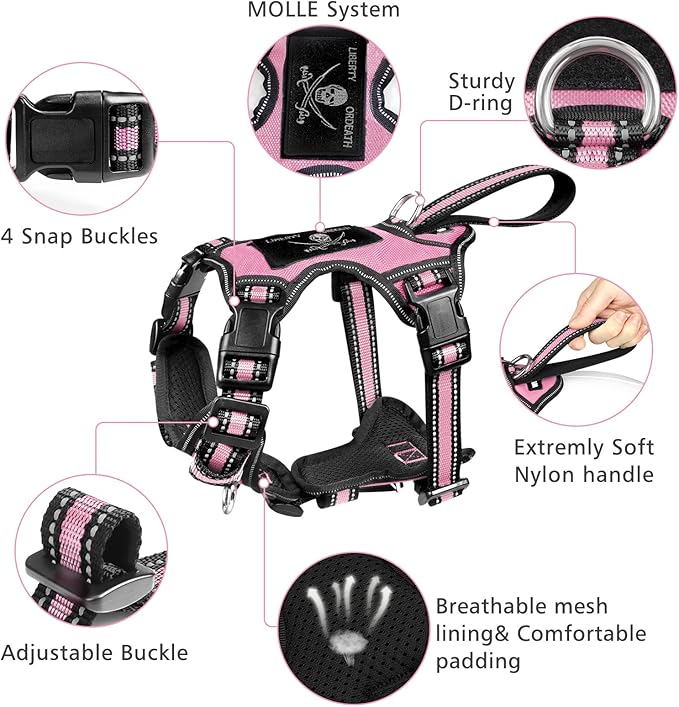 WINSEE Pet Harness Collar and Leash Set, All-in-one Reflective Dog Harness No Pull with Adjustable Buckles for Puppies, Small, Medium, Large, and Extra-Large Dogs (Large, Pink)