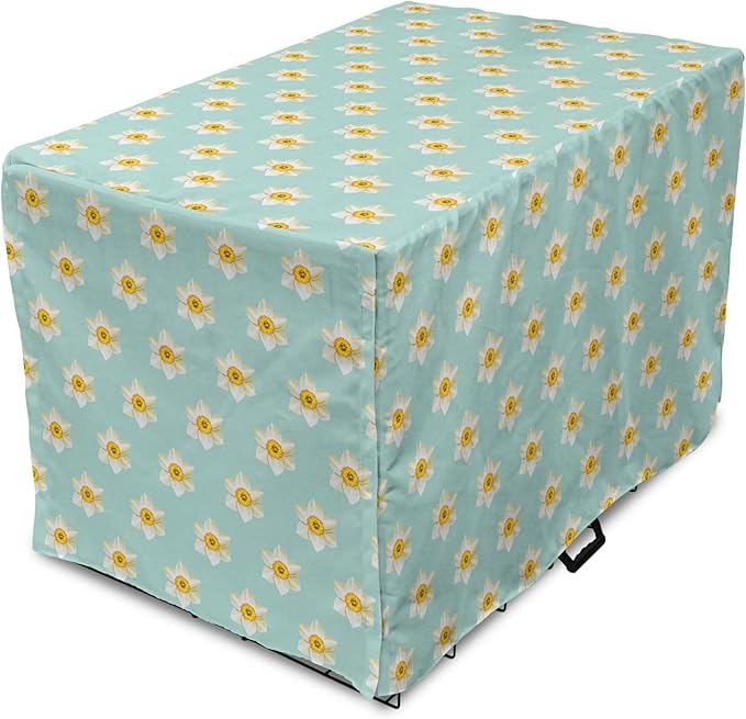 Lunarable Daffodil Dog Crate Cover, Pastel Nature Pattern with Spring Field Theme Narcissus Flower Heads, Easy to Use Pet Kennel Cover for Medium Large Dogs, 48 Inch, Seafoam Cream Yellow