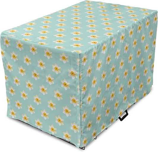 Lunarable Daffodil Dog Crate Cover, Pastel Nature Pattern with Spring Field Theme Narcissus Flower Heads, Easy to Use Pet Kennel Cover for Cats & Medium Dogs, 30 Inch, Seafoam Cream Yellow