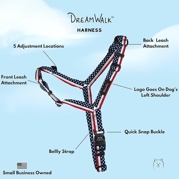 ShawnCo Dream Walk No-Pull Dog Harness- Adjustable, Comfortable, Easy to Use Pet Halter to Help Stop Pulling for Small, Medium and Large Dogs- Art Pattern Designs (Stars and Stripes, L)