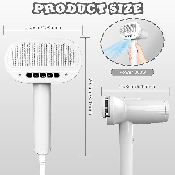 2-in-1 Pet Grooming Dryer and Brush - Overheating Protection, 3 Blowing Modes, Low Noise - Ideal for Small and Medium Dogs/Cats - Slim Handle (White)