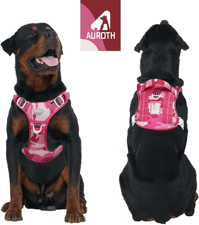 Auroth Tactical Dog Harness for Small Medium Large Dogs No Pull Adjustable Reflective K9 Working Training Easy Control Pet Vest Military Service Harnesses, Pink Camo