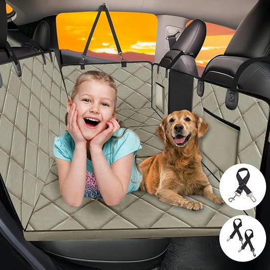 Back Seat Extender for Dogs-Large Space, Dog Car Seat Cover Hard Bottom Holds 400lbs, Sturdy Backseat Extender for Dogs, Waterproof Dog Hammock for Car Dog Car Bed for Car, SUV, Truck Khaki