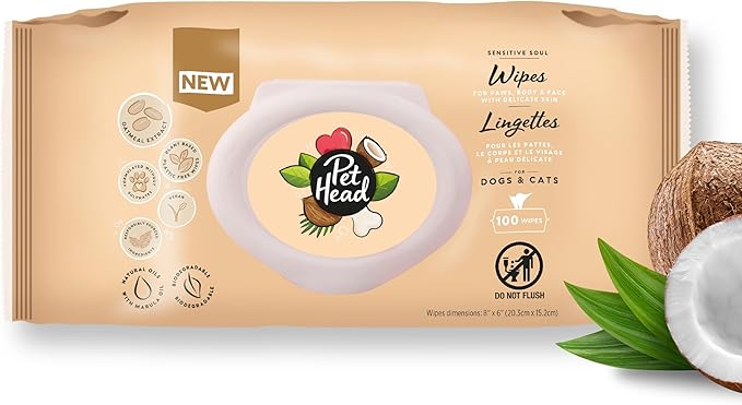 Pet Head Sensitive Soul Dog & Cat Wipes for Paws, Body & Face | Coconut Scent with Aloe Vera | Biodegradable, Plant-Based and Plastic-Free Wipes | an Easy & Speedy Freshen-Up | Made in USA | 100 Pack