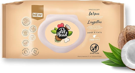 Pet Head Sensitive Soul Dog & Cat Wipes for Paws, Body & Face | Coconut Scent with Aloe Vera | Biodegradable, Plant-Based and Plastic-Free Wipes | an Easy & Speedy Freshen-Up | Made in USA | 100 Pack