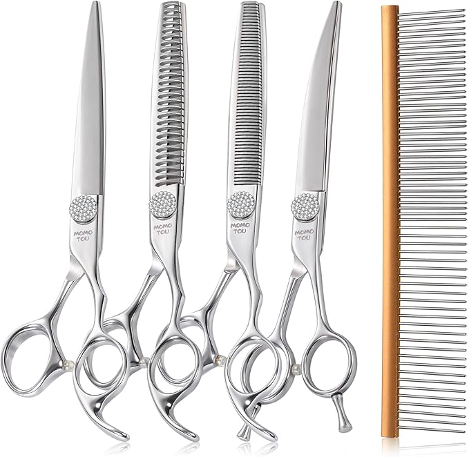 Polished Dog Grooming Scissors Set with Simulation Diamond 440C Stainless Steel Thinner Curved Straight Chunker Shears with Comb 7.5''