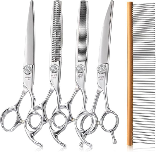 Polished Dog Grooming Scissors Set with Simulation Diamond 440C Stainless Steel Thinner Curved Straight Chunker Shears with Comb 7''