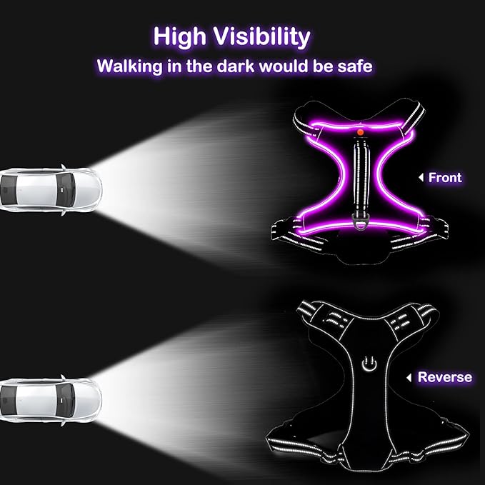 Light Up Dog Harness No Pull LED Dog Harness with Handle Vizbrite Rechargeable Lighted Dog Vest Harness for Small/Medium/Large/X-Large Size Dogs No Pull, 4 Point Adjustable Dog Harness