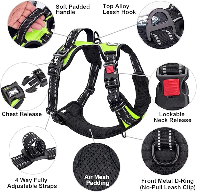 PoyPet No Pull Dog Harness, No Choke Front Clip Dog Reflective Harness, Adjustable Soft Padded Pet Vest with Easy Control Handle for Small to Large Dogs(Green,XS)