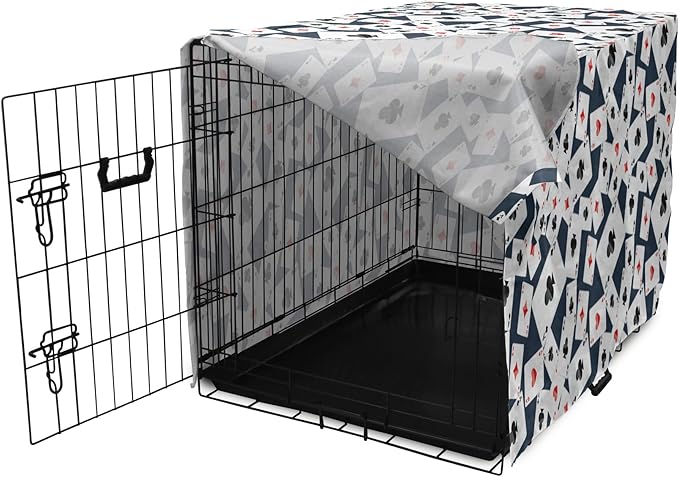 Lunarable Casino Dog Crate Cover, Realistic Style Random Scattered Playing Cards Leisure Time Hobby Games, Easy to Use Pet Kennel Cover for Cats & Medium Dogs, 30 Inch, Cadet Blue Black Red