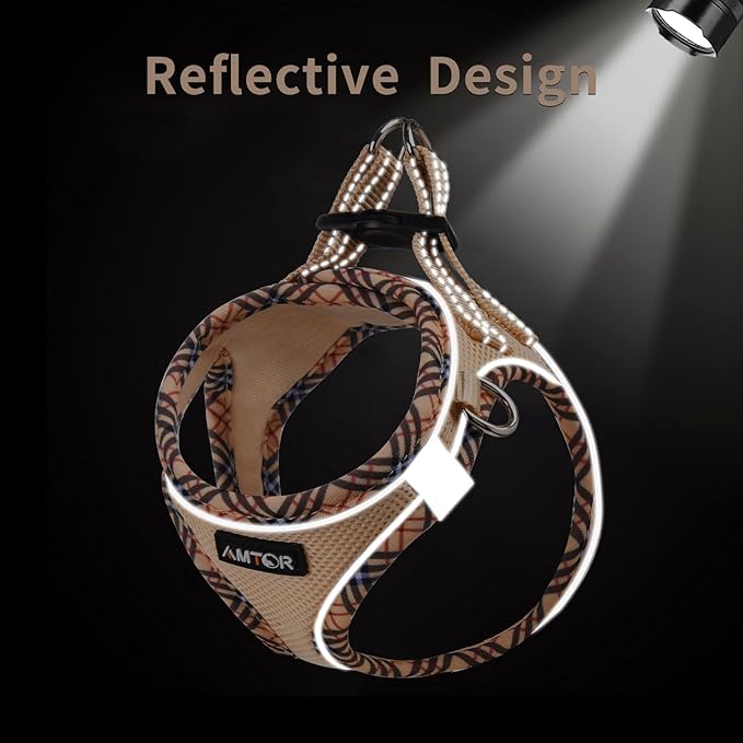 AMTOR Small Dog Harness with Leash Set, No Escape Easy Walk Puppy Harnesses for Training Walking, Step-in Reflective Soft Dogs Vest for XS S Medium Extra-Small Large Sized Dog(Beige,L)