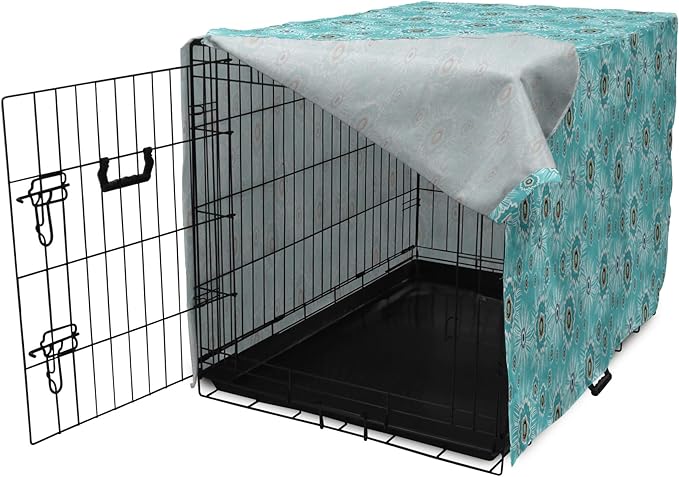 Lunarable Abstract Dog Crate Cover, Surreal and Flourishing Botanical Floral Ornaments Pattern, Easy to Use Pet Kennel Cover for Medium Large Dogs, 48 Inch, Cadet Blue Grey
