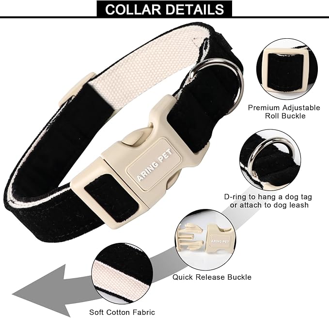ARING PET Dog Collar-Cotton Black Dog Collar for Small Dogs, Adjustable Lightweight Pet Collars with Quick Release Buckle for Small Medium Large Dog