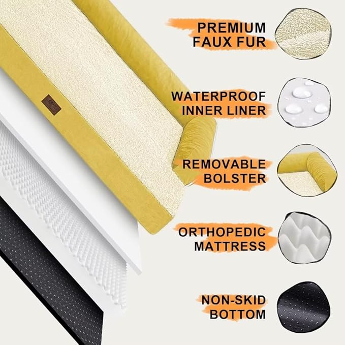 Large Dog Bed Orthopedic Washable - Waterproof with Removable Cover - Memory Foam - Beds Bolster Pet - Couch Sofa - XXXL Large Big Jumobo Dogs - Ginger Yellow Giant Dog Bed