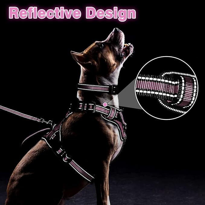 WINSEE Pet Harness Collar and Leash Set, All-in-one Reflective Dog Harness No Pull with Adjustable Buckles for Puppies, Small, Medium, Large, and Extra-Large Dogs (X-Large, Pink)
