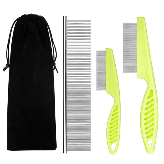 Flea Comb for Cats Dog Comb Lice Comb Metal Teeth Durable Tear Stain Dog Combs Remove Float Hair Combing Tangled Hair Dandruff Pet Comb Grooming Set 3 Pieces Add Storage Pouch (Green)
