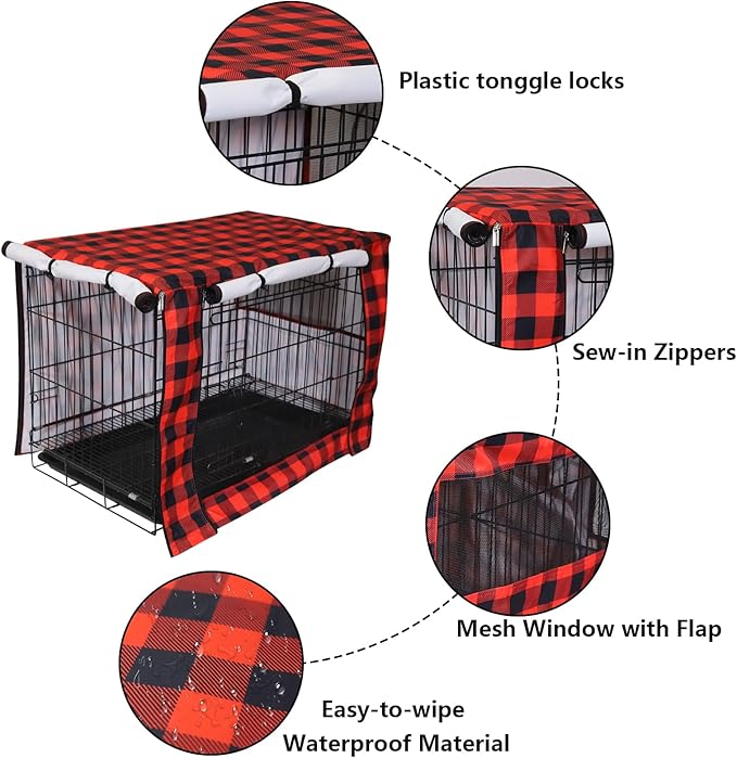 Pethiy Dog Crate Cover Durable Polyester Pet Kennel Cover Universal Fit for Wire Dog Crate - Fits Most 30 inch Dog Crates - Cover only-Red Plaid-30