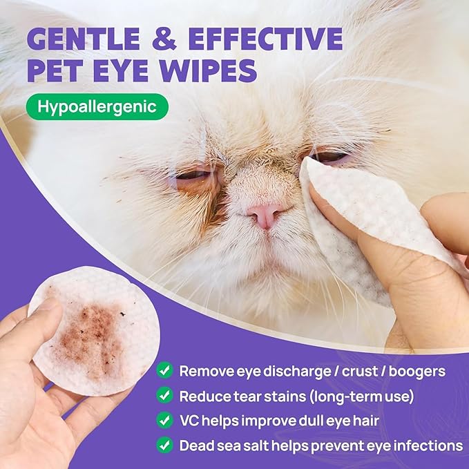 HICC PET Eyes Wipes for Dogs & Cats - Gently Remove Tear Stain, Eye Debris, Discharge, Mucus Secretions - Coconut Oil Pet Cleaning Grooming Deodorizing Wipes for Eyes, Wrinkle, Face - Unscented