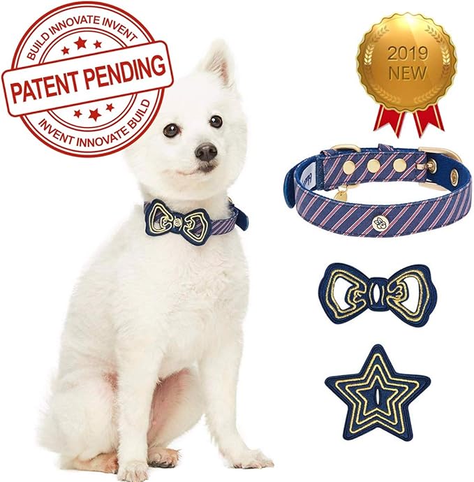 Blueberry Pet 2 Patterns Adjustable Dog Collar with Metal Buckle and 2 Detachable Bowtie - Blue Asymmetric Stripe, Neck 9-12.5", for Small Breed