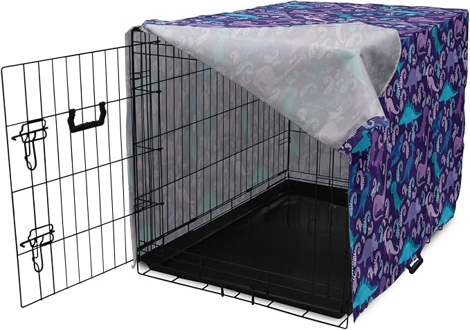 Lunarable Jurassic Dog Crate Cover, Abstract Cartoon Dinosaur Pattern Ferns Caricature Style Creatures Prehistoric, Easy to Use Pet Kennel Cover for Small Dogs Puppies Kittens, 18 Inch, Blue Purple