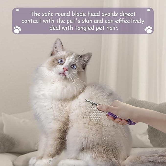 Detangling Pet Comb for Dog & Cat, Grooming Comb with Long & Short Stainless Steel Teeth, Safely Remove Knots & Tangles for Healthy Shiny Coat, Gentle Effective Detangling Tool for Pet Hair (Violet)