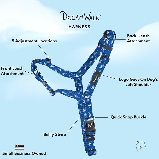ShawnCo Dream Walk No-Pull Dog Harness- Adjustable, Comfortable, Easy to Use Pet Halter to Help Stop Pulling for Small, Medium and Large Dogs- Art Pattern Designs (White Sharks, S)