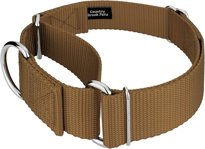 Country Brook Petz 1 1/2 Inch Martingale Heavy Duty Nylon Adjustable Dog Collar for Small, Medium, Large Breeds - Vibrant 17 Color Selection (Coyote Tan, Medium)