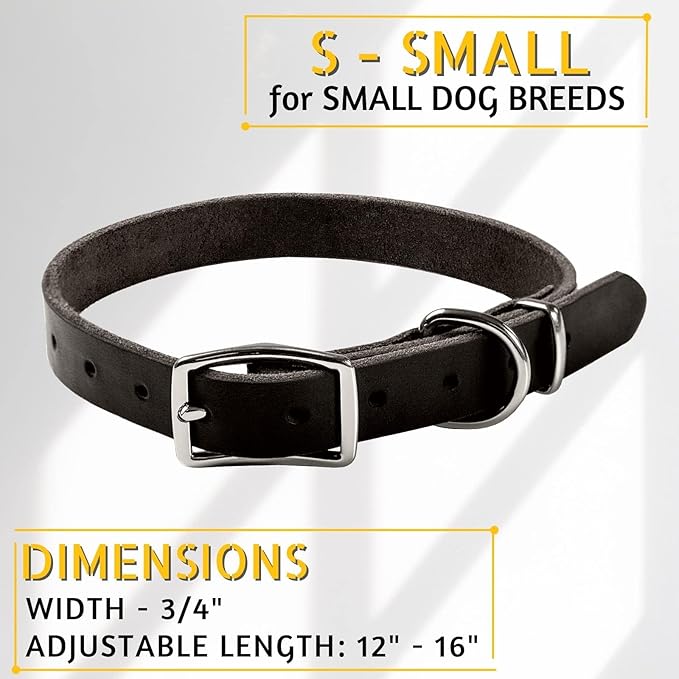 ADITYNA - Black Leather Dog Collar for Small Dogs - Classic Style, Soft and Strong, Heavy Duty, Top-Grain Leather, Handmade (S - Neck: 12-16 inches, Black)