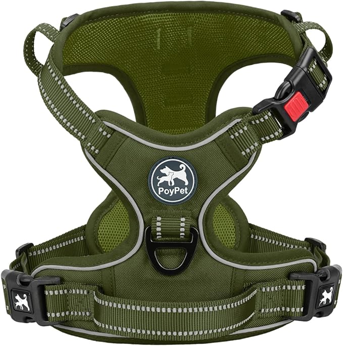 PoyPet No Pull Dog Harness, No Choke Reflective Dog Vest, Adjustable Pet Harnesses with Easy Control Padded Handle for Small Medium Large Dogs(Military Green,M)