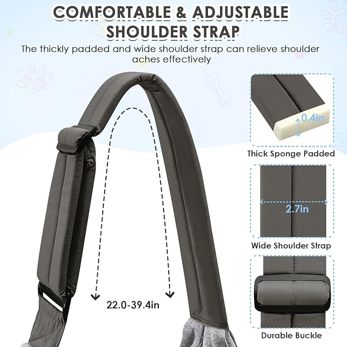 SlowTon Dog Carrier Sling - Puppy Carrier with Window and Storage Pocket Fits up to 12lbs, Dog Sling with Thick Adjustable Shoulder Strap and Safety Leash, Pet Carrier Bag for Small Dogs Cats(Grey M)