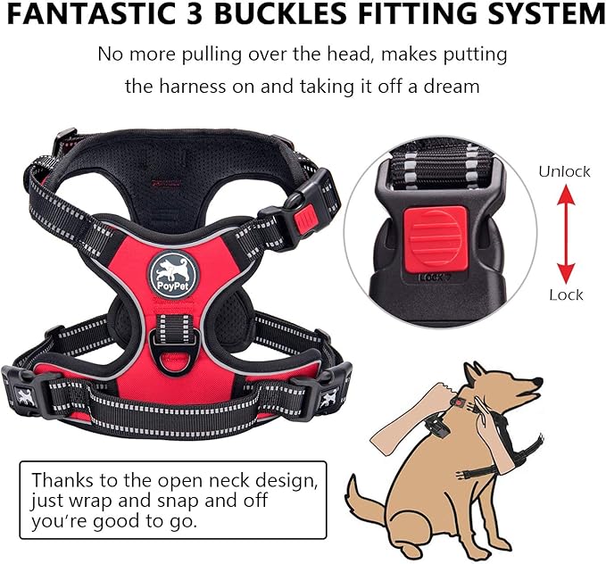 PoyPet No Pull Dog Harness, No Choke Front Clip Dog Reflective Harness, Adjustable Soft Padded Pet Vest with Easy Control Handle for Small to Large Dogs(Red,L)