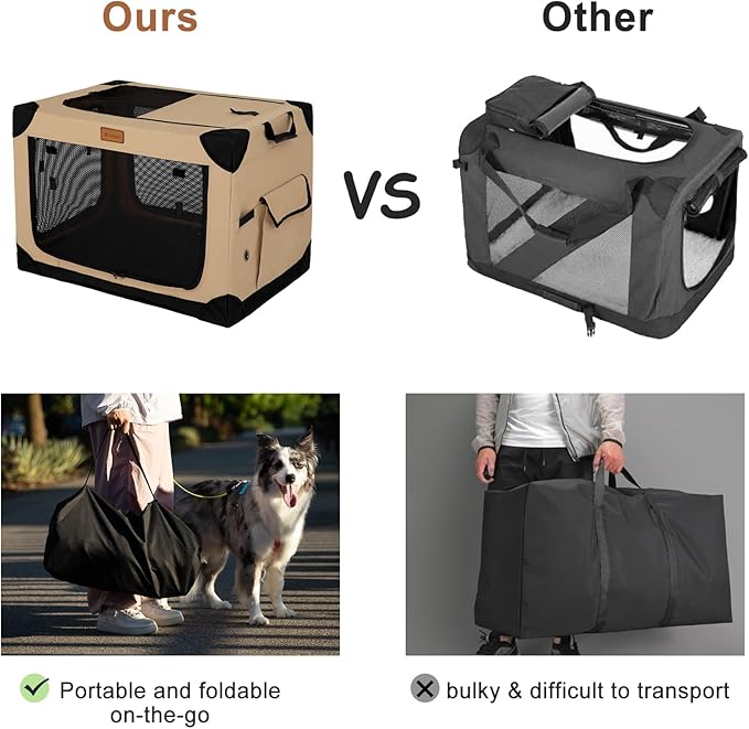 36 Inch Collapsible Soft Dog Crate for Large Dogs, 4-Door Foldable Travel Dog Kennel with Durable Mesh Windows for Indoor & Outdoor Portable Pet Crate, Soft Side Dog Crate, Beige