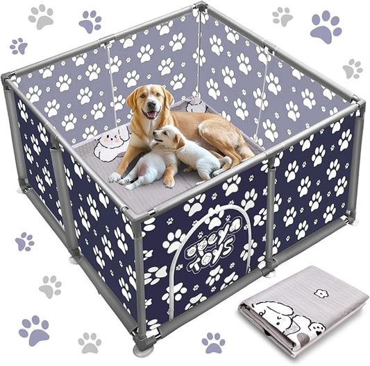 2025 Upgraded Whelping Box for Dogs,24.8’’Extra Tall Dog Whelping Pen with Whelping Pad,Dog Whelping Supplies for Large Small Breed Dogs(47" Dia.x24.8 H) (Dark Blue)