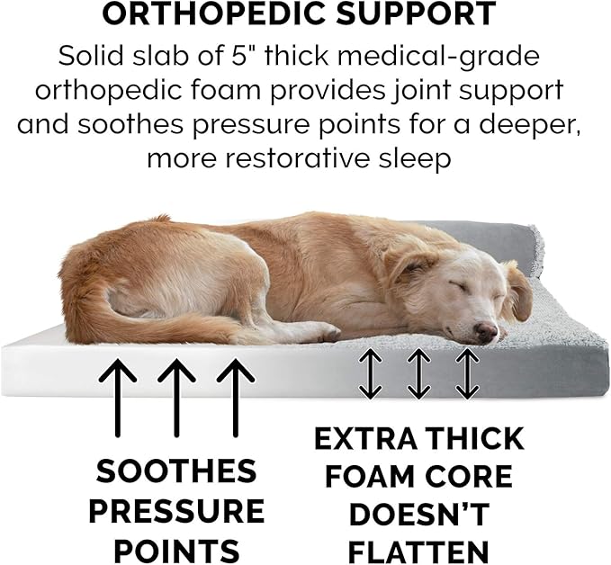 Furhaven Orthopedic Dog Bed for Large Dogs w/ Removable Bolsters & Washable Cover, For Dogs Up to 125 lbs - Two-Tone Plush Faux Fur & Suede L Shaped Chaise - Stone Gray, Jumbo Plus/XXL