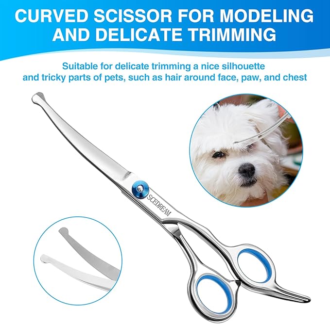 Professional Dog Grooming Scissors with Safety Round Tips, 5 in 1 Dog Grooming Scissors Kit, 4CR Stainless Steel Professional Pet Grooming Shears for Dogs/Cats, Sharp and Durable, Blue