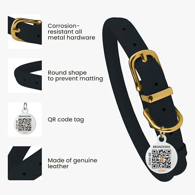 BRONZEDOG Rolled Leather Dog Collar with QR ID Tag Adjustable Soft Round Collars for Small Medium Large Dogs Puppy Cat (14" - 16" Neck Size, Dark Blue)