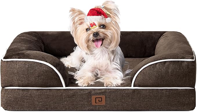 EHEYCIGA Orthopedic Dog Bed for Small Dogs, Waterproof Memory Foam Small Dog Beds with Sides, Non-Slip Bottom and Egg-Crate Foam Medium Dog Couch Bed with Washable Removable Cover, Brown