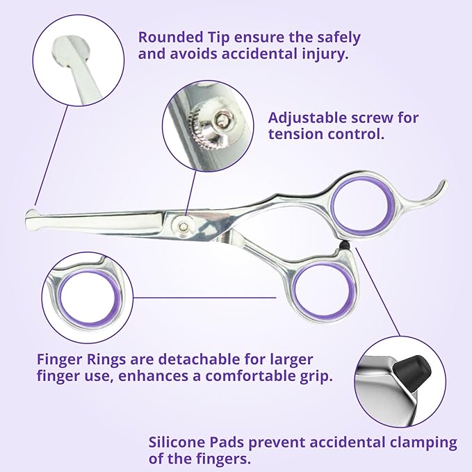 Grooming Scissors, Stainless Steel Dog Shears with Safety Rounded Tip, Set of Two Dog Scissors in a Leather Cover, Professional Pet Grooming Kit