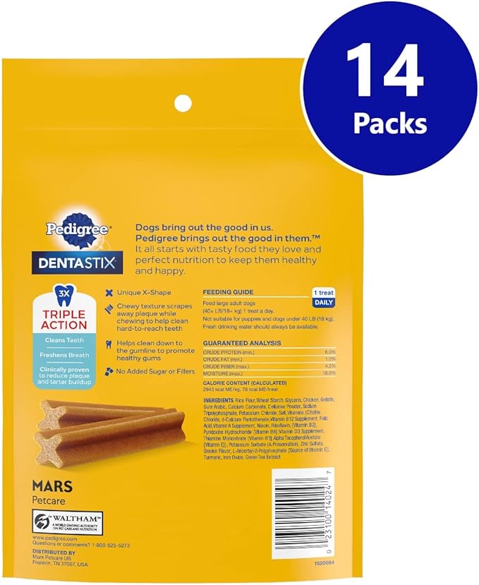 PEDIGREE DENTASTIX Large Dog Dental Treats Beef Flavor Dental Bones, 7 Count (Pack of 14)