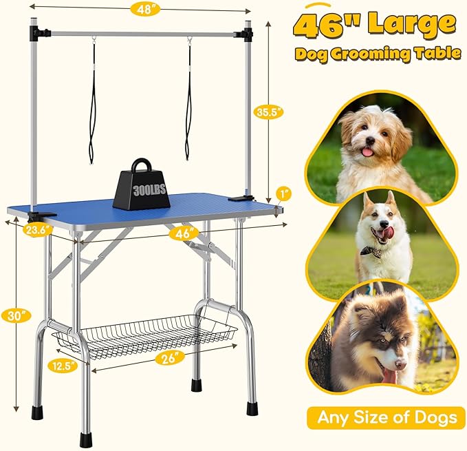 Grooming Table for Dogs, 46" Portable Grooming Table for Large Dogs at Home, Foldable Dog Grooming Table with Arm, Noose, Mesh Tray, Maximum Capacity 300 LBS, Blue