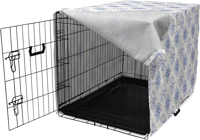 Ambesonne Nautical Dog Crate Cover, Marine Theme Wheel and Compass Motifs Sailing Objects Hand Drawn Ship Steering, Easy to Use Pet Kennel Cover for Medium Large Dogs, 48 Inch, White and Blue