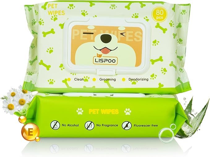 Unscented Hypoallergenic Pet Wipes - Deodorizing Cleaning Wipes for Dogs & Cats, Alcohol-Free & pH Balanced, Thick & Large Wipes for Paws, Body, Bum & Face, 80 Count
