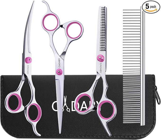 Pink Dog Grooming Scissors, Dog Grooming Scissors Kit, Professional Stainless Steel Pet Grooming Shears for Dog, Cat, 5 in 1