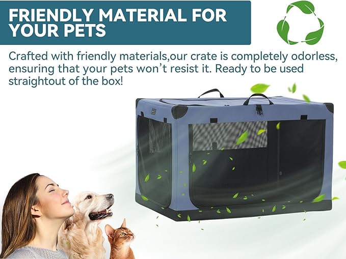PETSFIT Dog Travel Crate, with Patented Adjustable Fabric Cover, Chewproof & Lockable Mesh Doors, Waterproof Base Soft Sided Kennel Blue 26 Inch