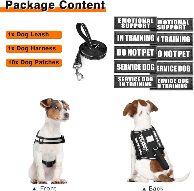 WINSEE Dog Harness & Leash Set, Medium, Black - Reflective, Adjustable, W/ 10 Patches for Service, Therapy Dogs, Extra Durable