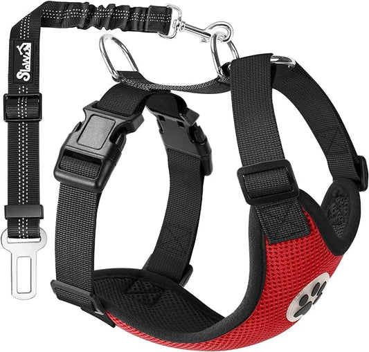 SlowTon Dog Seat Belt Harness for Car, Dog Car Harness Adjustable Mesh Breathable & Dog Seatbelt Safety Tether with Elastic Bungee for Small Medium Large Pets(Red, Single Clip, XXS)