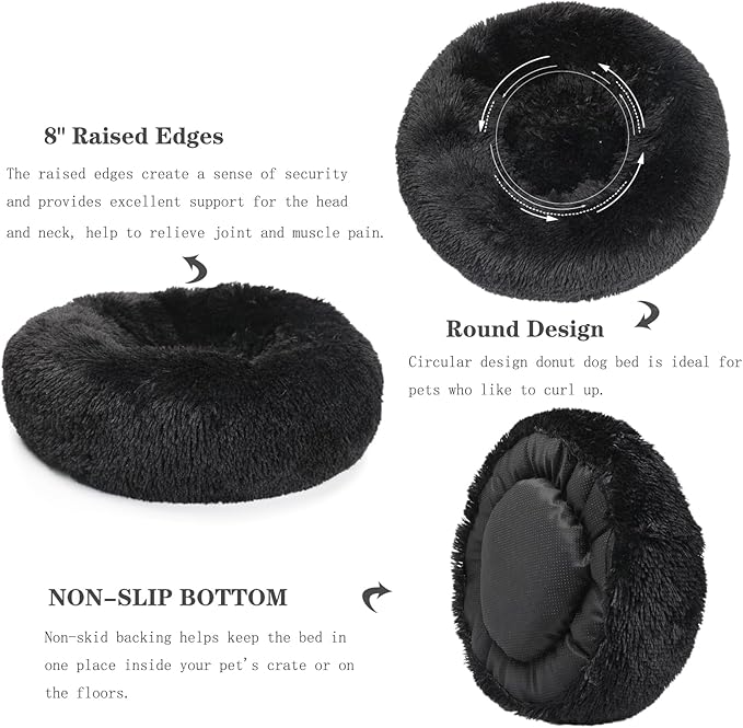 Dog Beds for Medium Dogs Washable Calming Bed for Dogs 28 Inches Black Fluffy and Soft Dog Bed Calm and Anti Anxiety Faux Fur Round Medium Sized Pet Bed for Dog