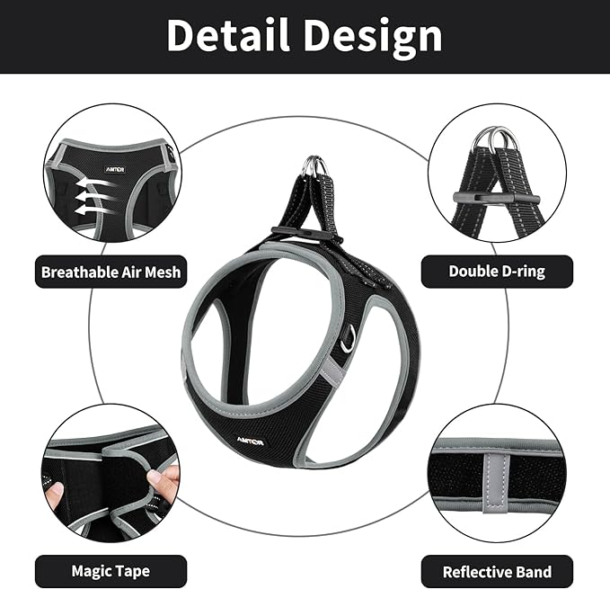 AMTOR Small Dog Harness with Leash Set, No Escape Easy Walk Puppy Harnesses for Training Walking, Step-in Reflective Soft Dogs Vest for XS S Medium Extra-Small Large Sized Dog(Black/Grey)