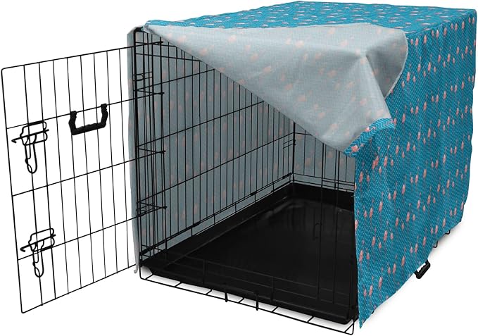Lunarable Flamingo Dog Crate Cover, Tropical Romance Birds on Wavy Horizontal Stripes Hawaiian Love Doodle, Easy to Use Pet Kennel Cover for Medium Large Dogs, 48 Inch, Azure Blue and Coral